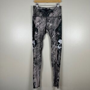 Yoga Democracy Womens XL Leggings Grey Black Skull Raven Gothic Print Activewear